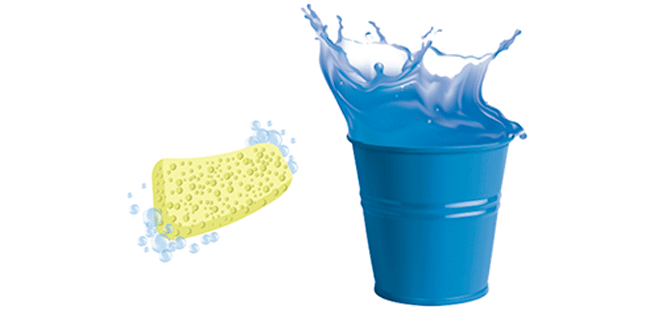 A wet sponge and a bucket filled with water