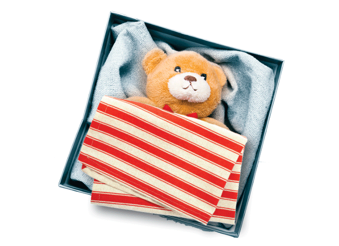A stuffed animal tucked in a box