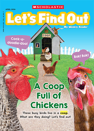 Cover of Let's Find Out, with chickens near a coop and a girl inside