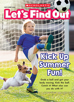 Cover of Let's Find Out, a boy kicks a soccer ball near a goal as a dog runs beside him