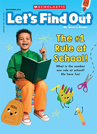 Cover of Let's Find Out, a boy sits with an open book and raises one finger, with the text The Number 1 Rule at School