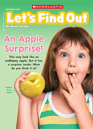Cover of Let's Find Out, a girl holds a green apple labeled Hidden Rose apple