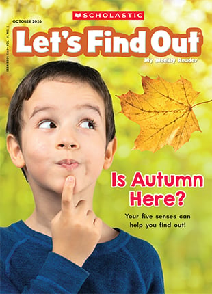 Cover of Let's Find Out, a boy looks up at a large autumn leaf with the headline Is Autumn Here?