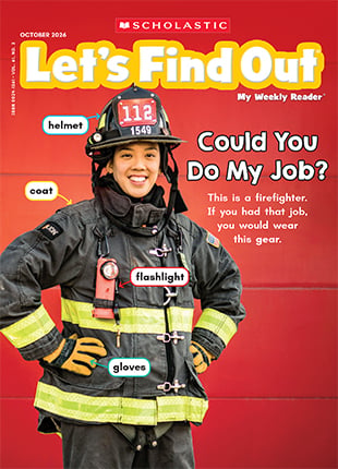 Cover of Let's Find Out, a firefighter in labeled gear including helmet, coat, flashlight, and gloves
