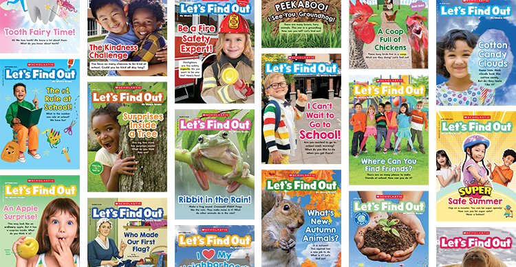 Collage of colorful Scholastic Let's Find Out early reader book covers on various topics